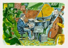Jam at Toots, 2025: A jam session in a café: piano, double bass and listeners, colourful watercolour