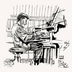 Wajdi Riahi, BJF 2026: Pianist at an upright piano, seen from the side, ink
