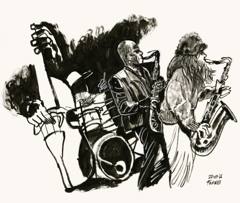Isaiah Collier and Ornella Noulet: Two saxophonists, a drummer and a bassist in full flight, brush and ink