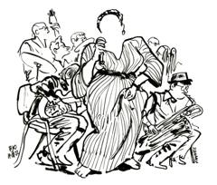 Tutu Puoane & BJO: Singer in a long striped dress in front of a big band, line drawing