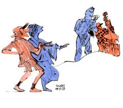 Binker Golding: Two dancers in front of a saxophonist and bassist, red and blue