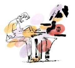 Nitai Hershkovits: Pianist drawn in fine line among soft coloured shapes