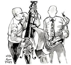Branford Marsalis, Flagey, 2024: Double bassist and saxophonist side by side, grey ink wash