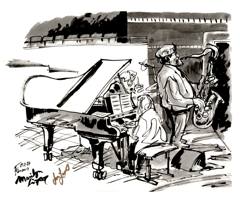 Joe Lovano: Joe Lovano on saxophone beside a pianist at a grand piano, ink