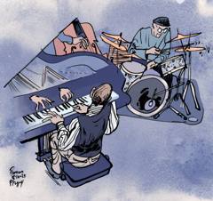 Brad Mehldau Trio, Flagey, 2024: Piano trio seen from above: pianist and drummer on a blue ground