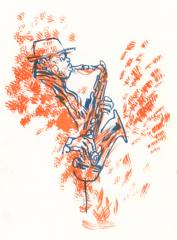 Archie Shepp: Saxophonist sketched in blue line against bursts of orange