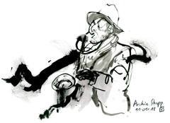 Archie Shepp: Saxophonist in a cap, a sweep of black ink around him