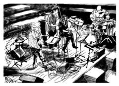 Bill Frisell: A band seen from above on a stage full of cables and pedals, black ink