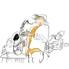 Charles Lloyd: Charles Lloyd on saxophone with guitarists around him, line and orange