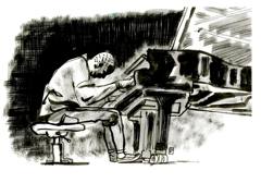 Craig Taborn: Pianist hunched over a grand piano, dense black hatching