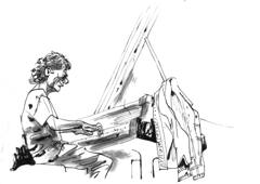 Chick Corea: Chick Corea smiling at the grand piano, ink