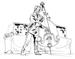 Dave Holland: Dave Holland at the double bass between amplifiers, line drawing