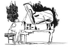 Hiromi: Hiromi at the grand piano, her hair a burst of black ink