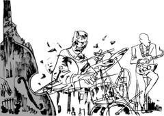 Joshua Redman: Saxophonist, drummer and bassist, sharp black lines on grey