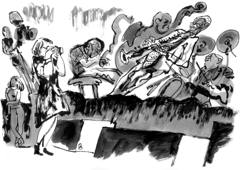 : A large ensemble on stage behind a singer, grey ink wash