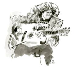 Pat Metheny: Guitarist with curly hair bent over his guitar, ink and grey wash
