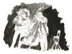 Pat Metheny & Ron Carter: Guitarist and double bassist on a dark stage, ink wash