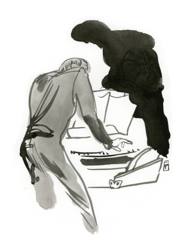 Brad Mehldau, Gent Jazz 2016: Pianist leaning over the keys, a large blot of black ink beside him