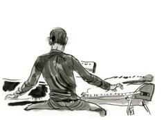: Pianist seen from behind, arms spread over the keyboard, grey ink wash