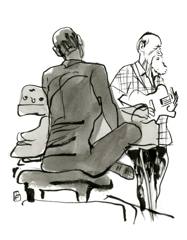 Brad Mehldau & John Scofield: Pianist seen from behind next to a bearded guitarist, grey ink wash
