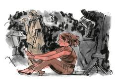 Airelle Besson: Trumpeter sitting on the stage floor while a singer performs behind her