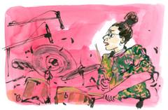 Anne Paceo: Drummer with glasses and a hair bun, pink and green watercolour