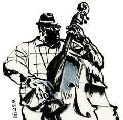 Christian McBride: Christian McBride in a hat at the double bass, bold ink