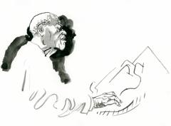 McCoy Tyner: McCoy Tyner in profile, hands on the keys, a few lines of ink
