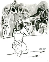 Brian Blade & John Patitucci: Double bassist and drummer, a photographer crouching in front of the stage