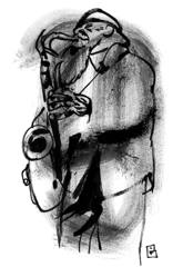 Pharaoh Sanders: Saxophonist with eyes closed, soft grey ink