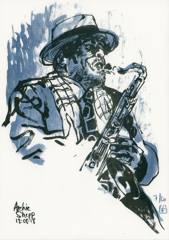 Archie Shepp: Archie Shepp in a hat playing tenor saxophone, blue ink