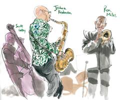 Joshua Redman: Joshua Redman on tenor with Scott Colley and Ron Miles, names written in