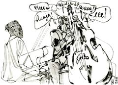 Randy Weston: Randy Weston at the piano with a double bassist, speech bubbles of sounds