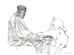 Randy Weston: Randy Weston in a patterned cap at the piano, grey wash