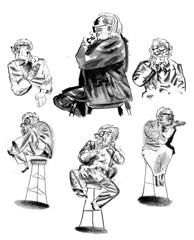 Toots Thielemans: Six studies of Toots Thielemans with his harmonica, on a stool