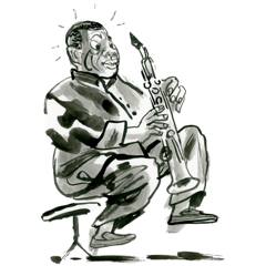 Wayne Shorter: Wayne Shorter seated with his soprano saxophone, brush and ink