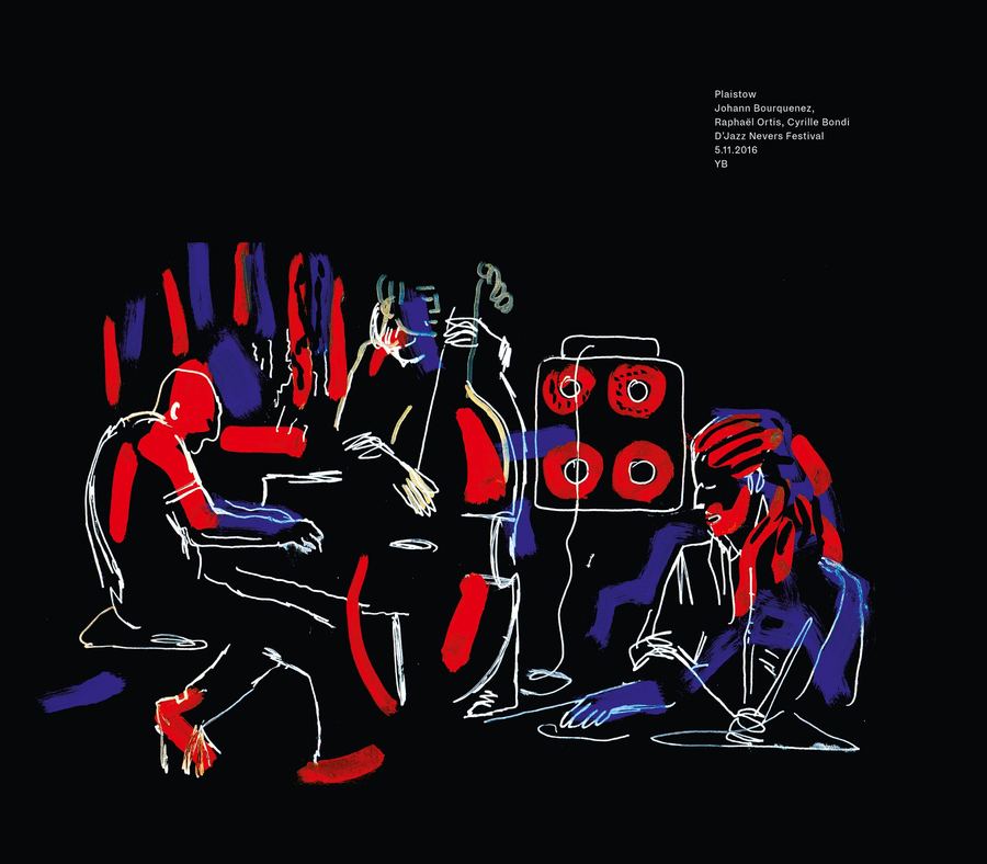 Page from Live: a band in red and blue on black (drawing by Yann Bagot)