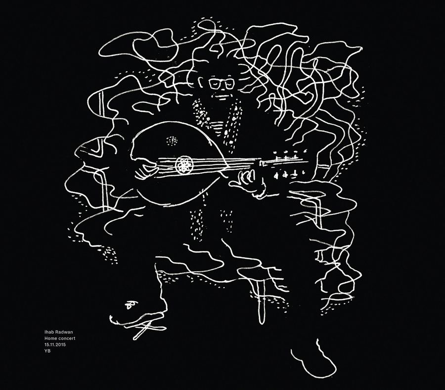 Page from Live: oud player in white line on black (drawing by Yann Bagot)