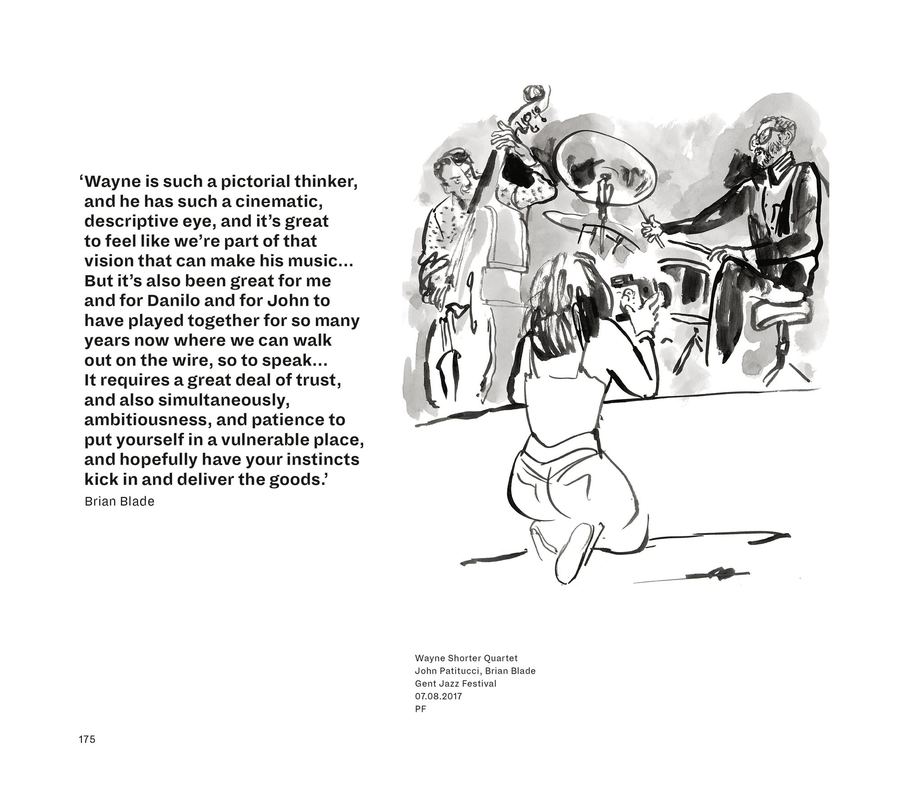 Spread from Live: a quote by Brian Blade next to a drawing of the quartet