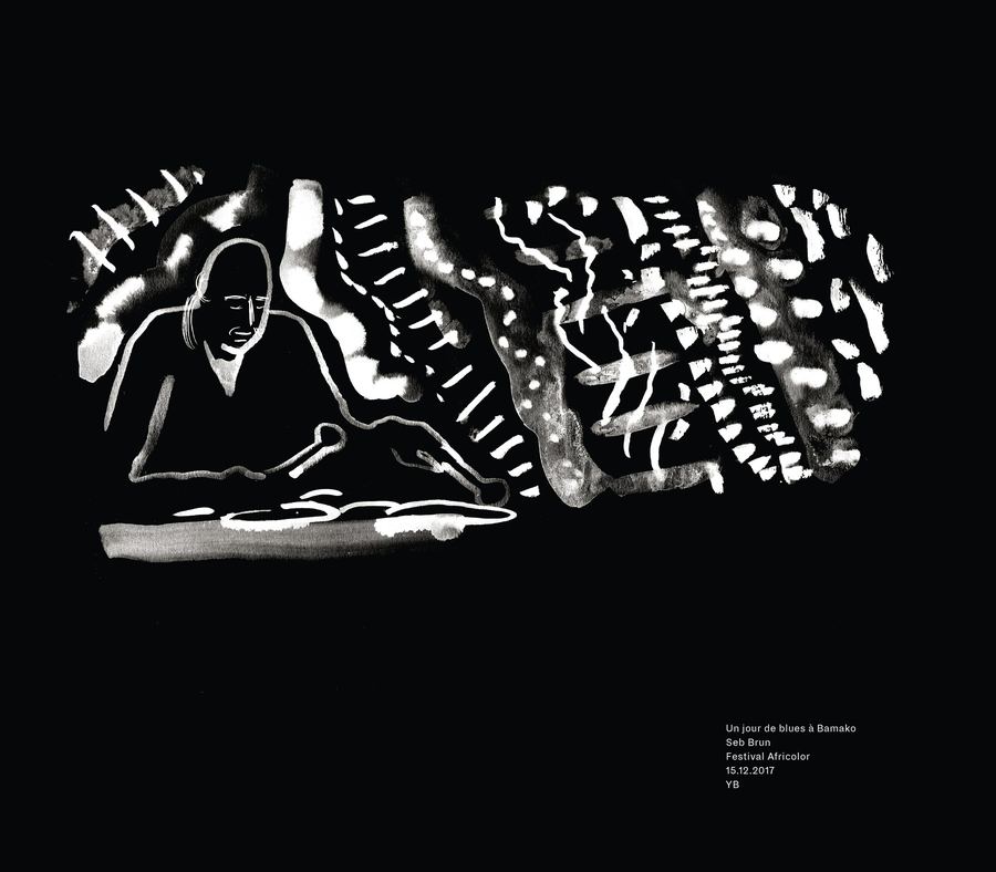 Page from Live: a musician in white on black (drawing by Yann Bagot)