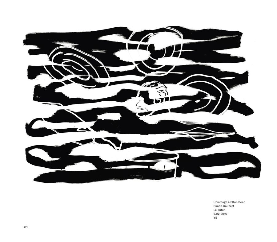 Page from Live: a drummer in black and white rings (drawing by Yann Bagot)