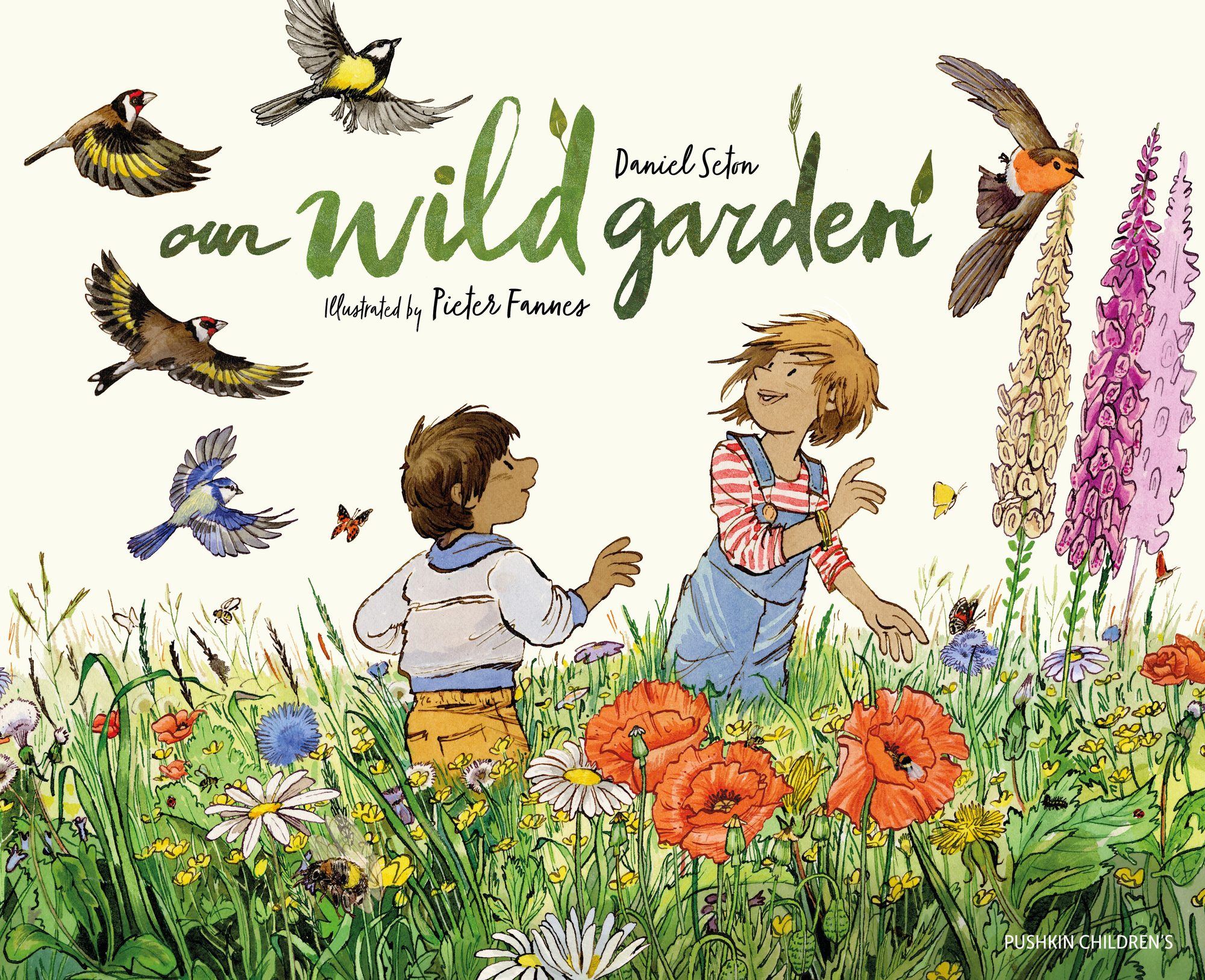 Cover of Our Wild Garden: two children in a meadow full of flowers and birds