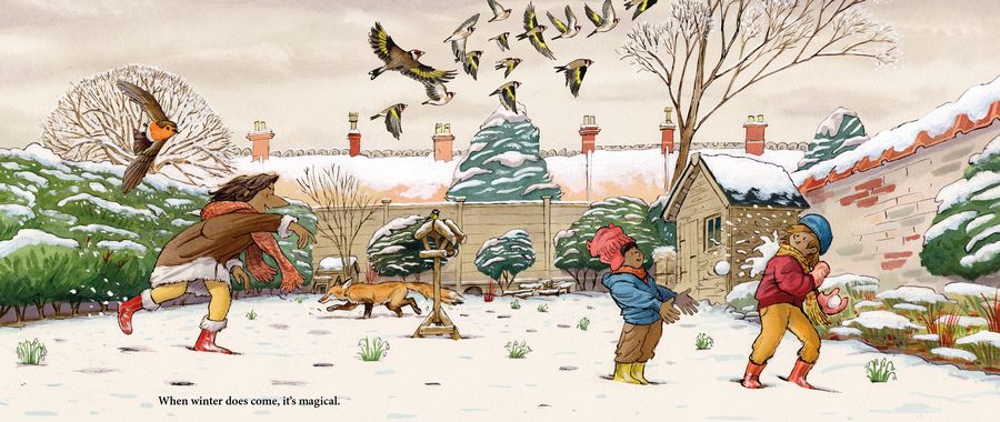 Spread: the garden in the snow, children playing, birds at the feeder