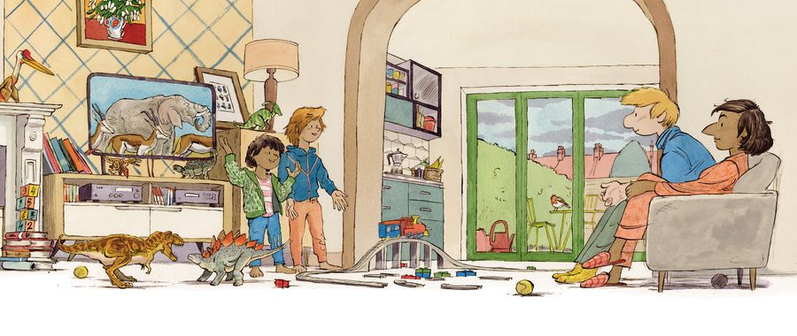 Spread: the family in the living room, a nature documentary on the television