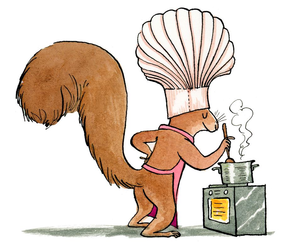 A squirrel in a chef’s hat stirring a pot on the stove