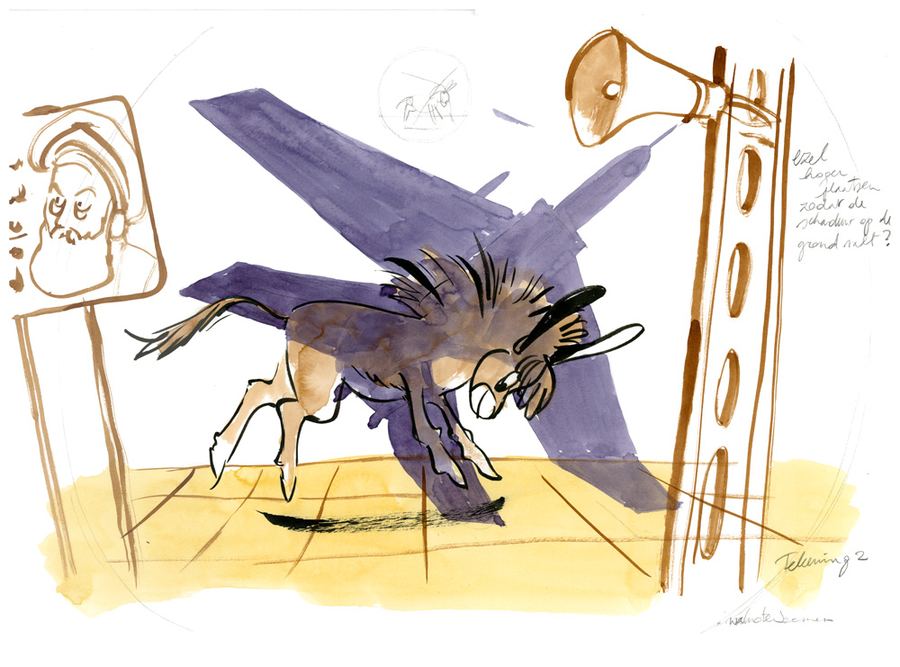 Sketch: a donkey leaps as the shadow of a plane passes, a loudspeaker on a pole