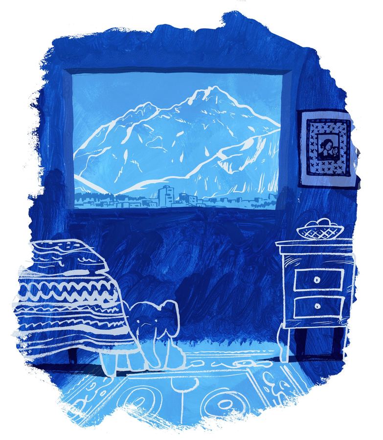 Poster: a blue room with a small elephant and a window onto the mountains