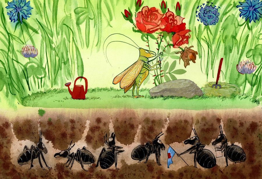 Earth: a grasshopper in a garden above an ant colony underground