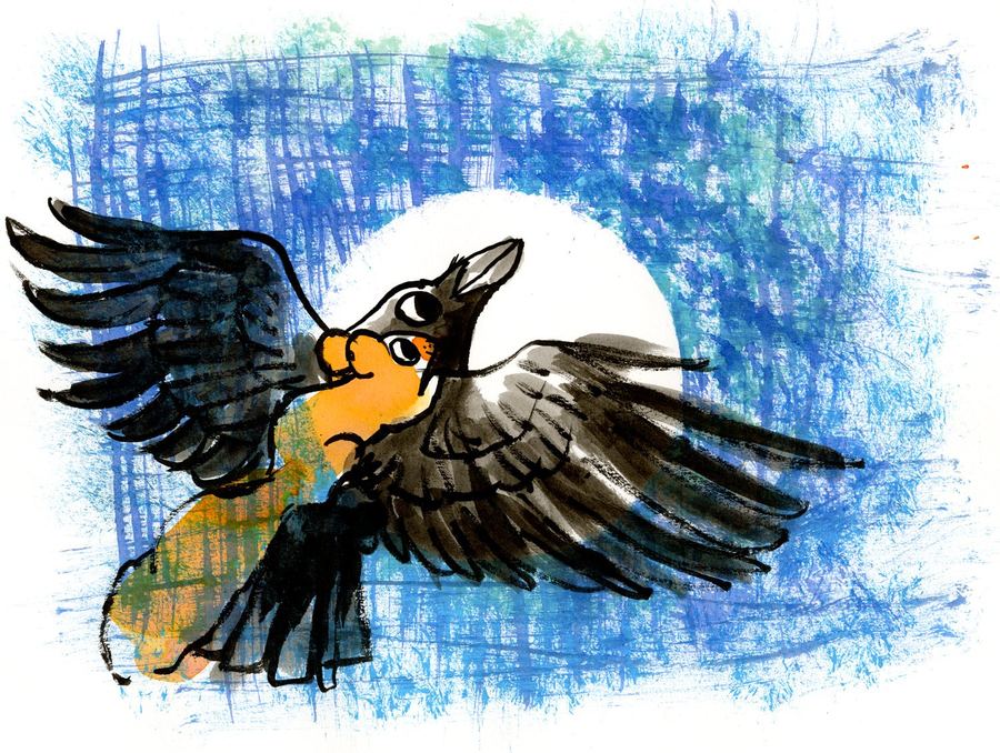 Air: a crow flies through a blue sky with a small orange bird