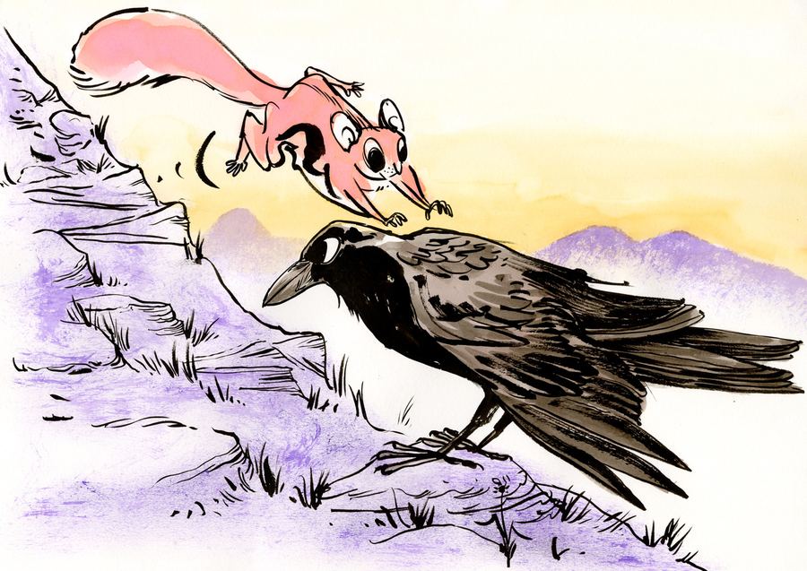 Air: a squirrel leans down to meet a crow on a hillside
